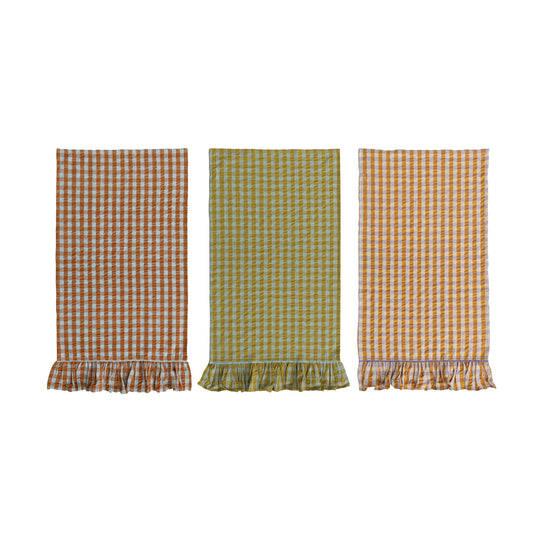Cottage Check cotton ruffle tea towels in cinnamon, olive and golden plum