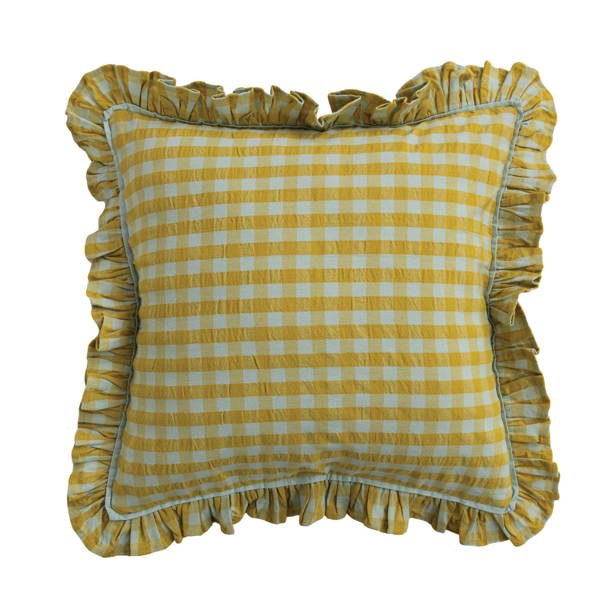Mustard yellow and soft blue gingham cotton accent pillow with ruffled border