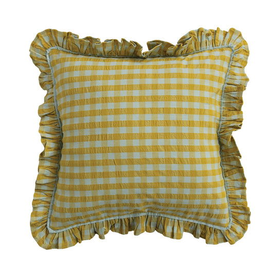 Mustard yellow and soft blue gingham cotton accent pillow with ruffled border