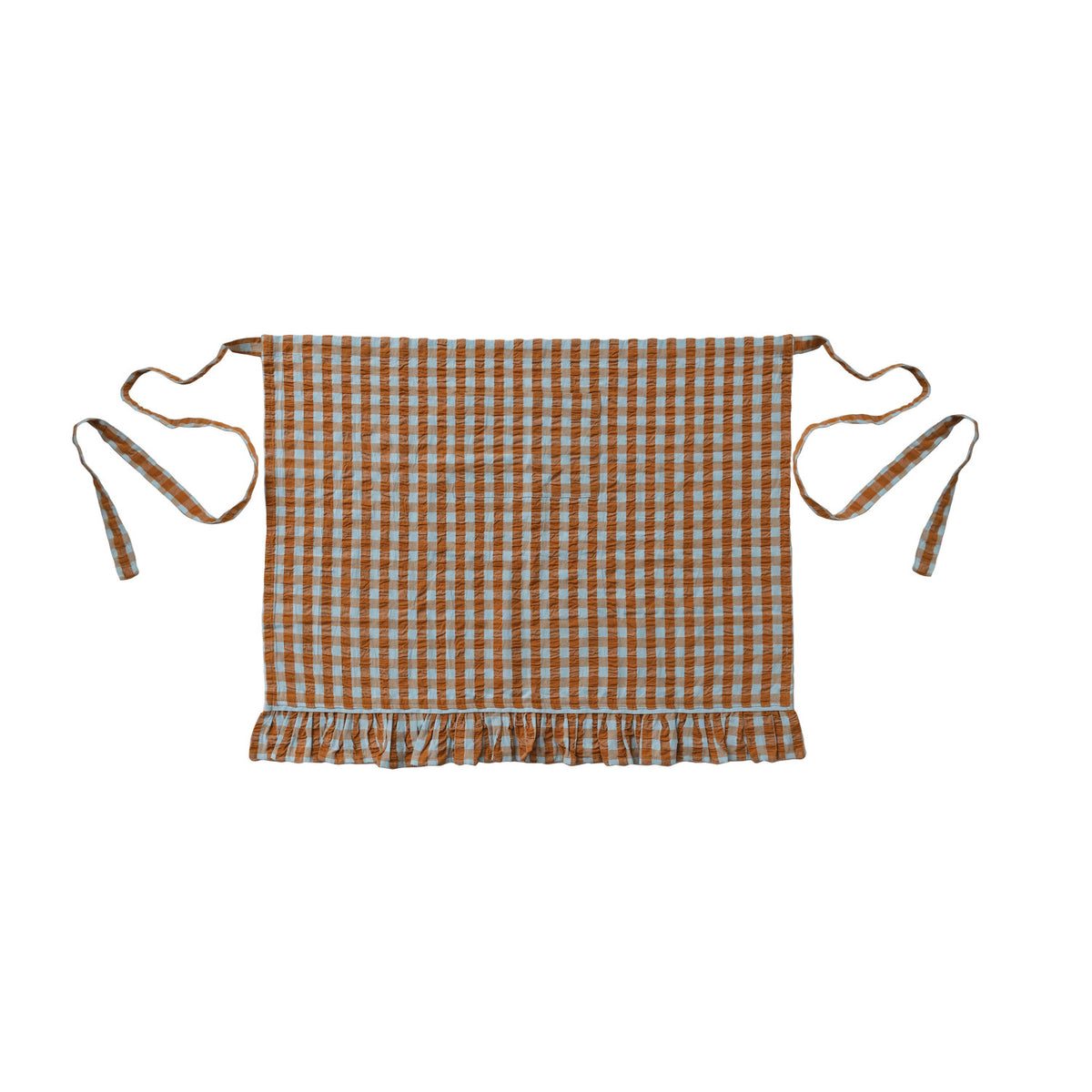Brown and soft blue gingham cotton half apron with ruffled hem and waist ties