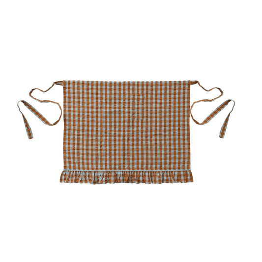 Brown and soft blue gingham cotton half apron with ruffled hem and waist ties