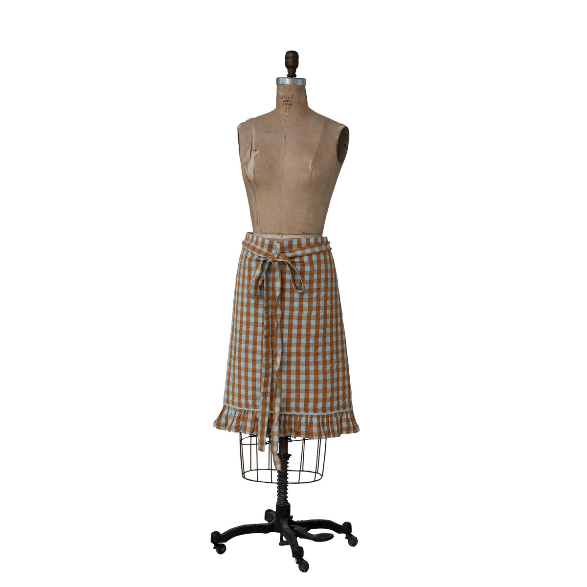 Brown and soft blue gingham cotton half apron with ruffled hem and waist ties