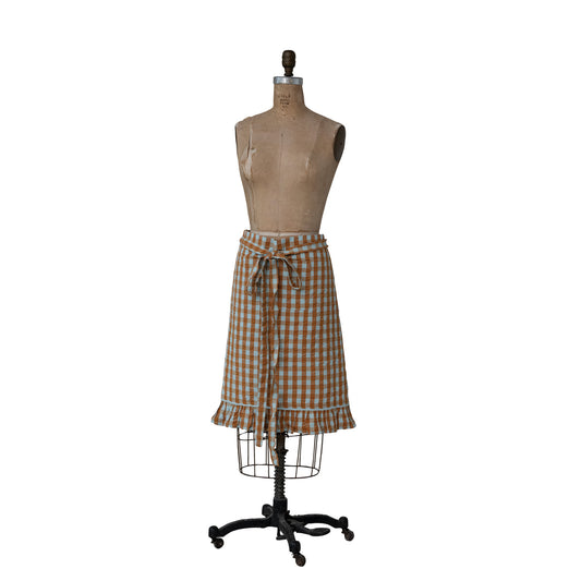 Brown and soft blue gingham cotton half apron with ruffled hem and waist ties