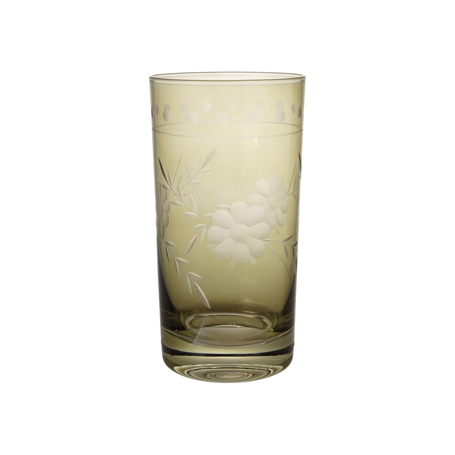 Green etched botanical drinking glass with vintage floral design

