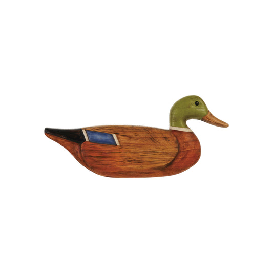 Hand-painted pine wood mallard duck wall decor with green head, brown body and blue wing detail
