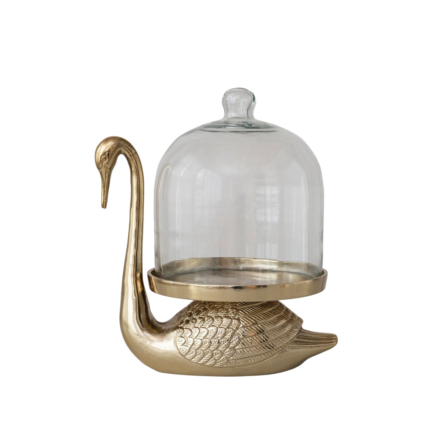 Antique gold swan serving stand with clear glass cloche dome for displaying pastries and treats
