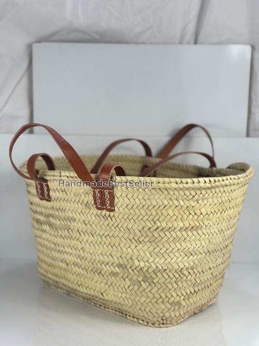 Handmade Square Straw Basket with Leather Handles: Brown