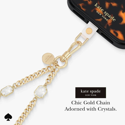 Kate Spade gold phone chain wristlet with clear crystal accents and clip attachment