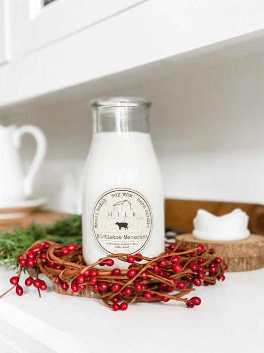 Milk Bottle Candle Mistletoe Memories (Holly, Cider, Cedar)