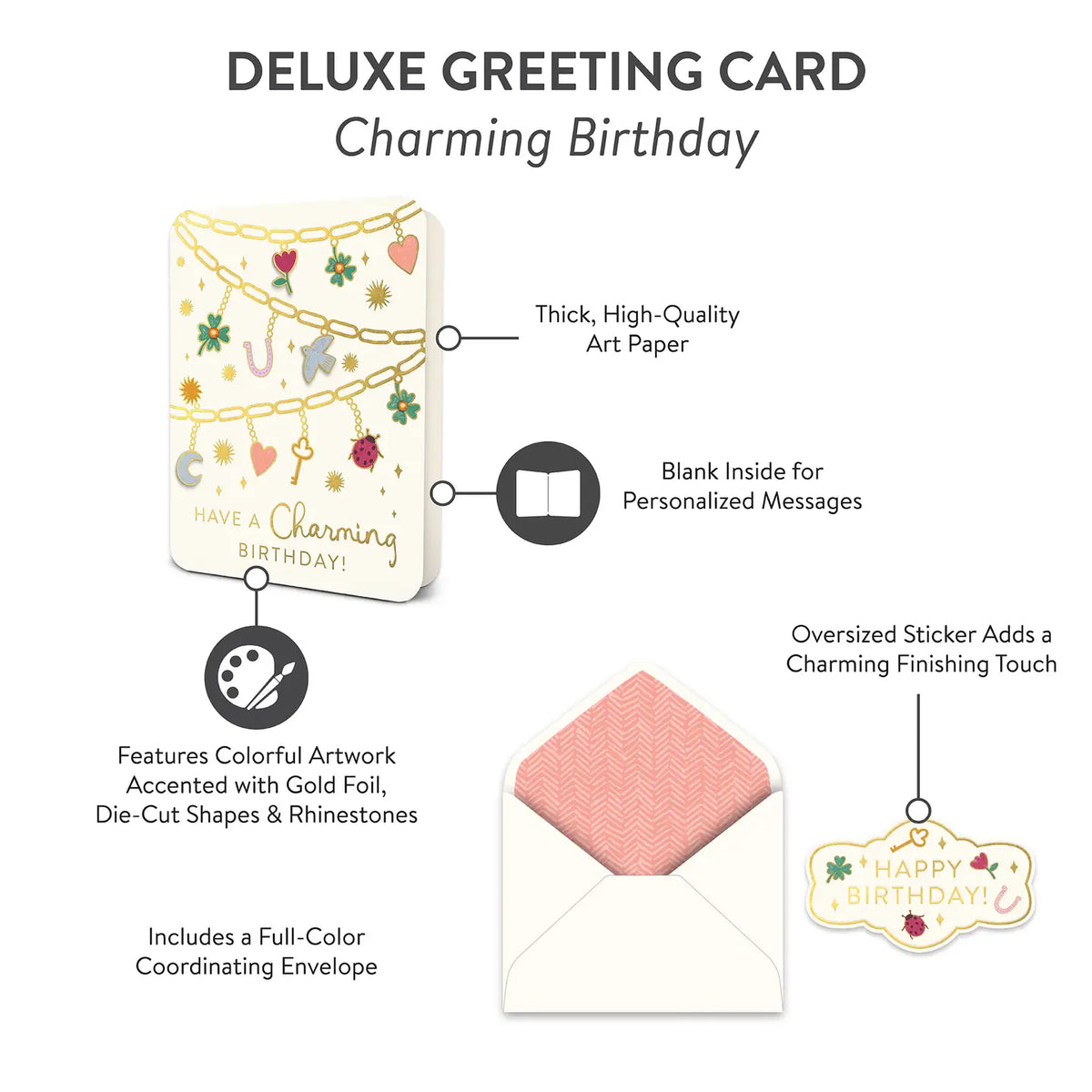 Studio Oh Charming Birthday Deluxe Greeting Card with gold foil rhinestones envelope and decorative seal