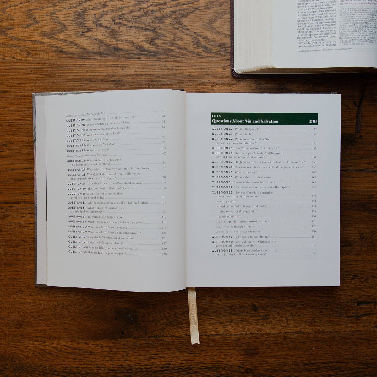 Use a unique description for each photo, such as an open copy of The Questions Handbook showing Scripture references and biblical answers to common Christian faith questions.