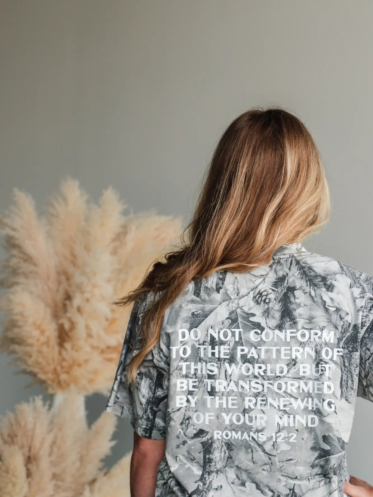 Oversized grey and white camo Christian T-shirt with Bible verse back graphic