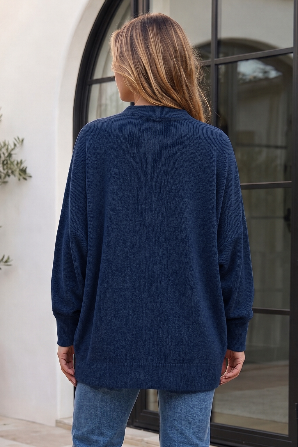  Women’s dusty slate blue textured crewneck sweater with relaxed oversized fit