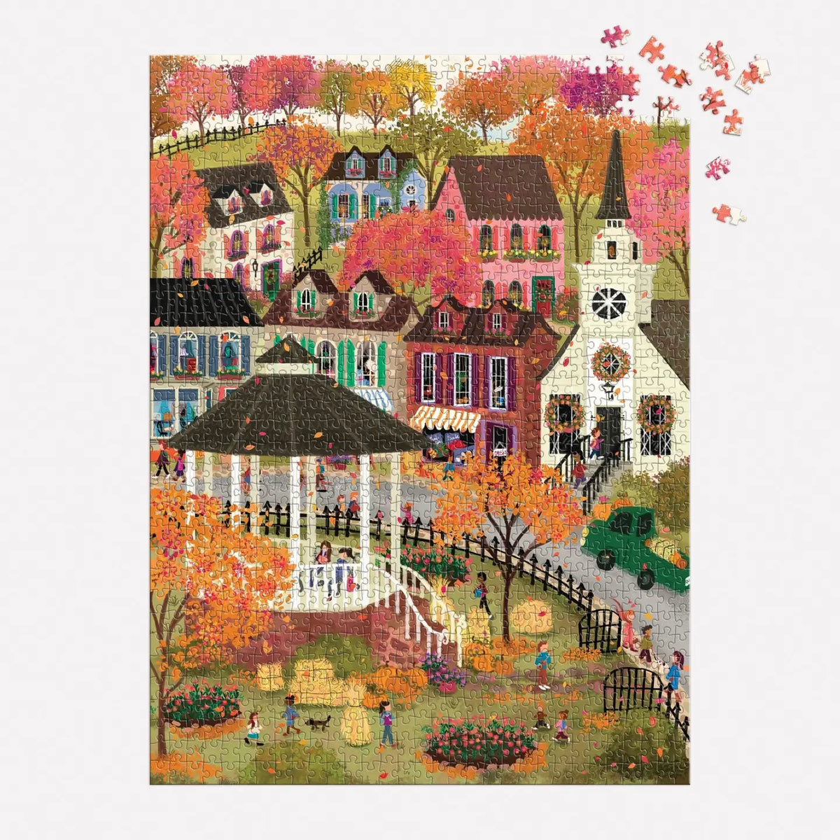Galison Falls Hollow 1000 piece fall puzzle by Joy Laforme with New England autumn town
