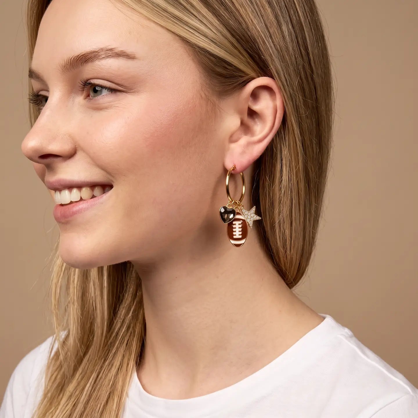 Football Charm Hoop Earrings | Gold Game Day Dangle Earrings