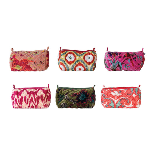 Colorful quilted velvet cosmetic bags with floral prints and zip closures