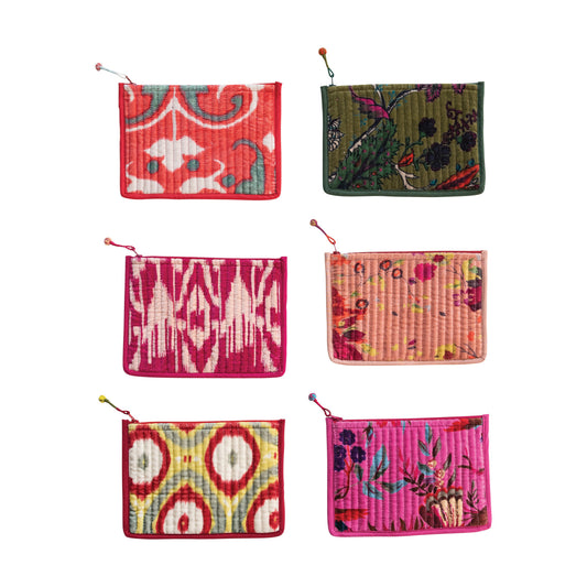 Six colorful quilted cotton velvet flat zip pouches in floral and geometric prints