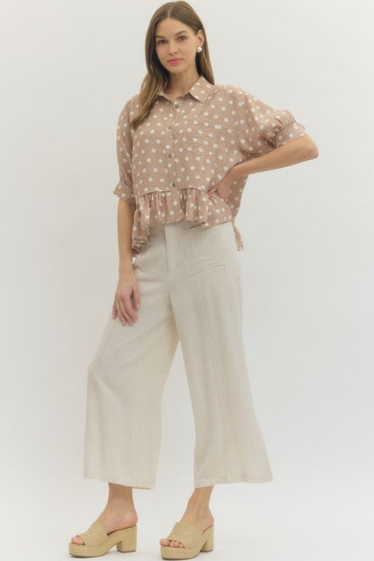 Tan Breeze Polka Dot Ruffle Hem Top