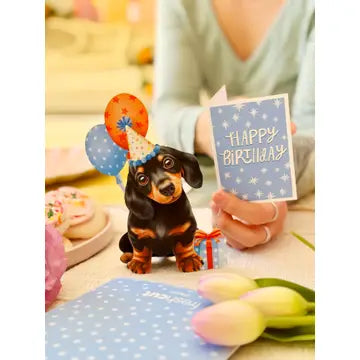 FreshCut Paper Mini Birthday Puppy 3D pop-up greeting card featuring a black and tan dachshund wearing a party hat with colorful birthday balloons and gift.
