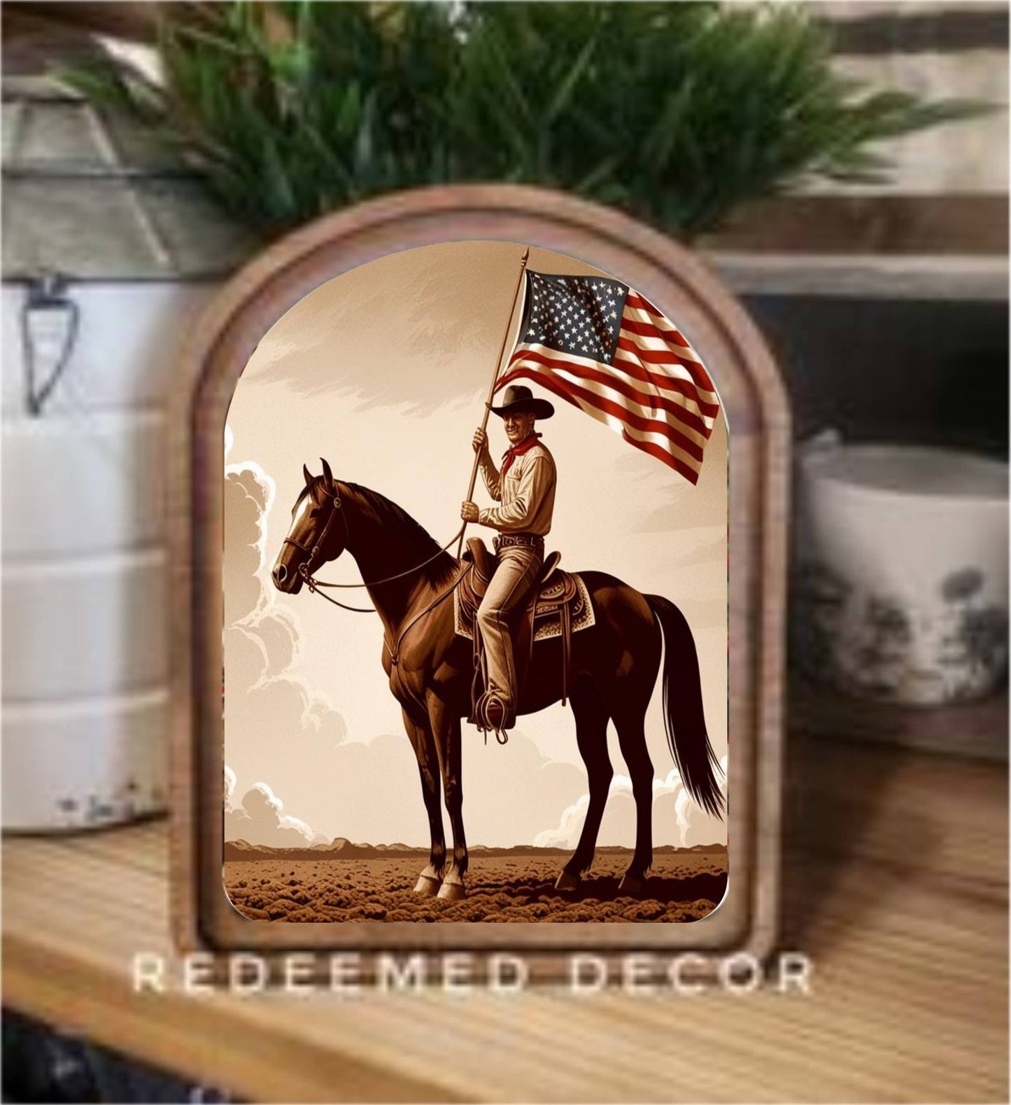 Arch Top Patriotic Cowboy Framed Art