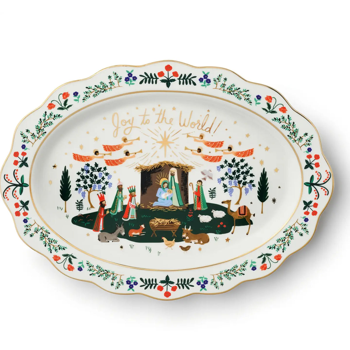 Rifle Paper Co. Joy to the World Nativity porcelain Christmas serving platter featuring Mary, Joseph, baby Jesus, angels, Wise Men, floral border and gold scalloped edge.