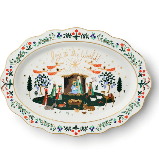 Rifle Paper Co. Joy to the World Nativity porcelain Christmas serving platter featuring Mary, Joseph, baby Jesus, angels, Wise Men, floral border and gold scalloped edge.