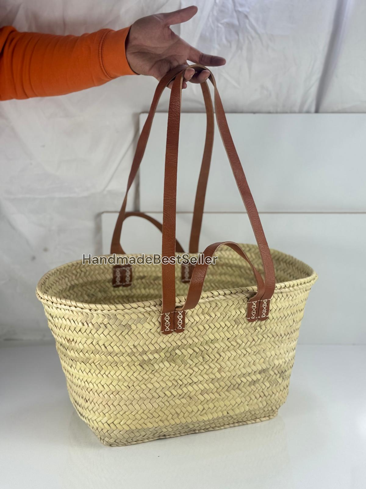 Handmade Square Straw Basket with Leather Handles: Brown