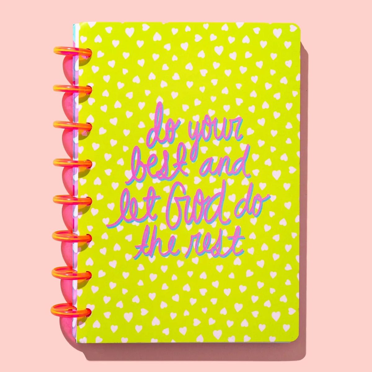 Do Your Best and Let God Do the Rest Christian notebook with colorful heart hardcover and hot pink disc binding
