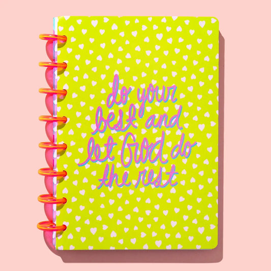 Do Your Best and Let God Do the Rest Christian notebook with colorful heart hardcover and hot pink disc binding
