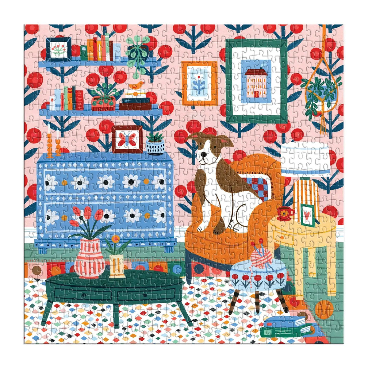 Galison Pattern and Petal 500 piece puzzle by Molly Egan with colorful room and dog