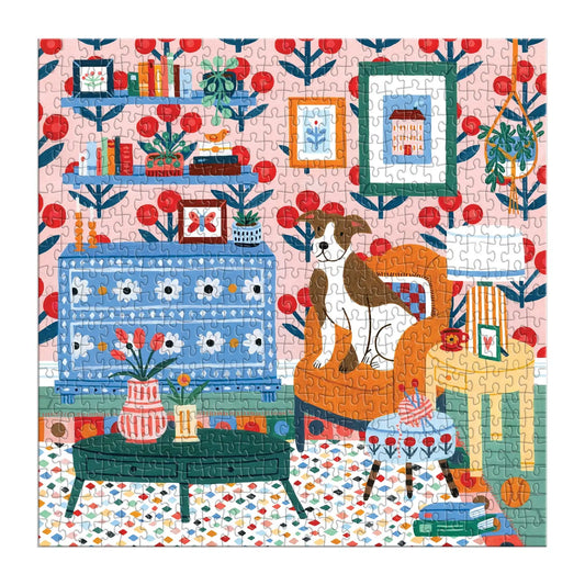 Galison Pattern and Petal 500 piece puzzle by Molly Egan with colorful room and dog