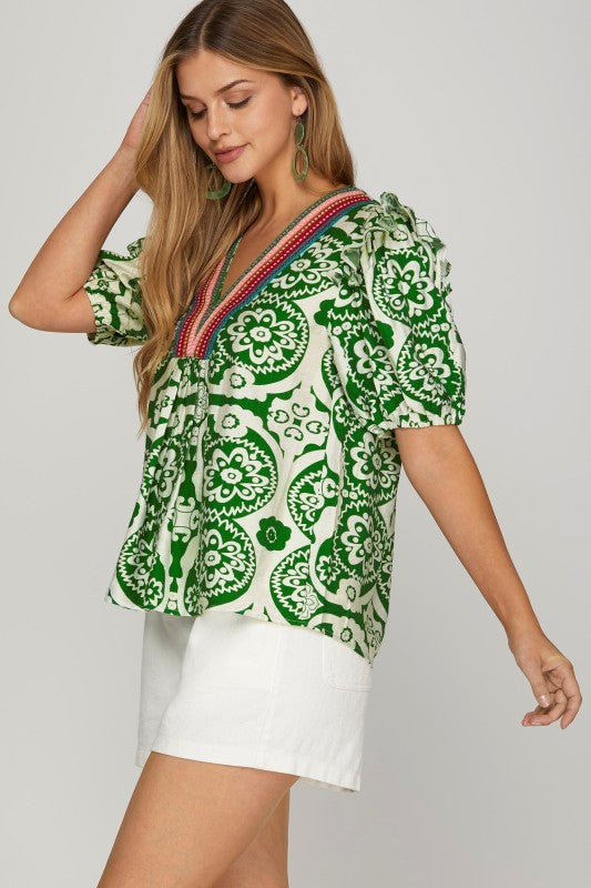 Emerald Mosaic Puff Sleeve Top