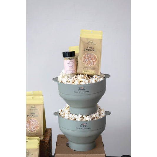 Finch + Fennel silicone microwave popcorn popper with fresh popcorn, jumbo popcorn kernels and seasoning