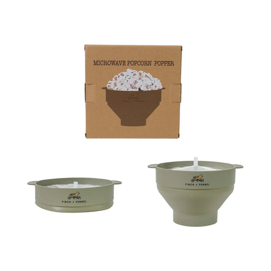 Finch + Fennel 80 oz green silicone microwave popcorn popper with lid and printed box