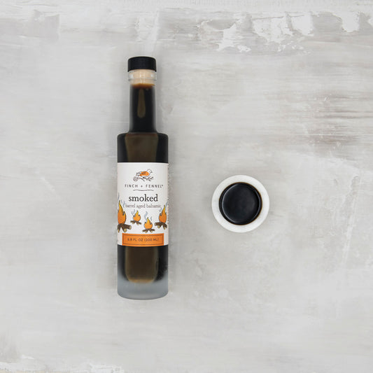 Finch + Fennel Smoked Barrel Aged Balsamic 6.8 oz bottle with balsamic vinegar