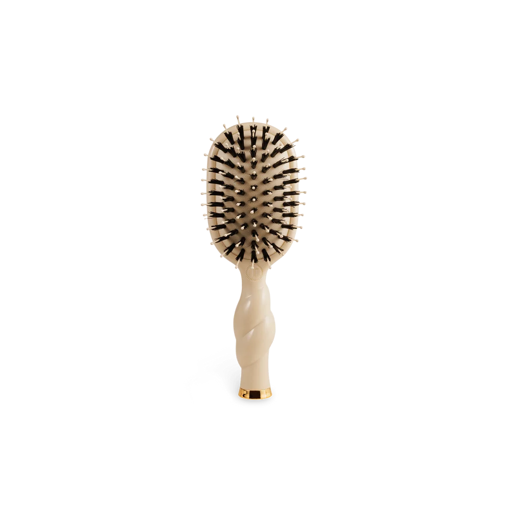TELETIES Mini Boar Bristle Hair Brush in Tan with natural bristles and gold accents