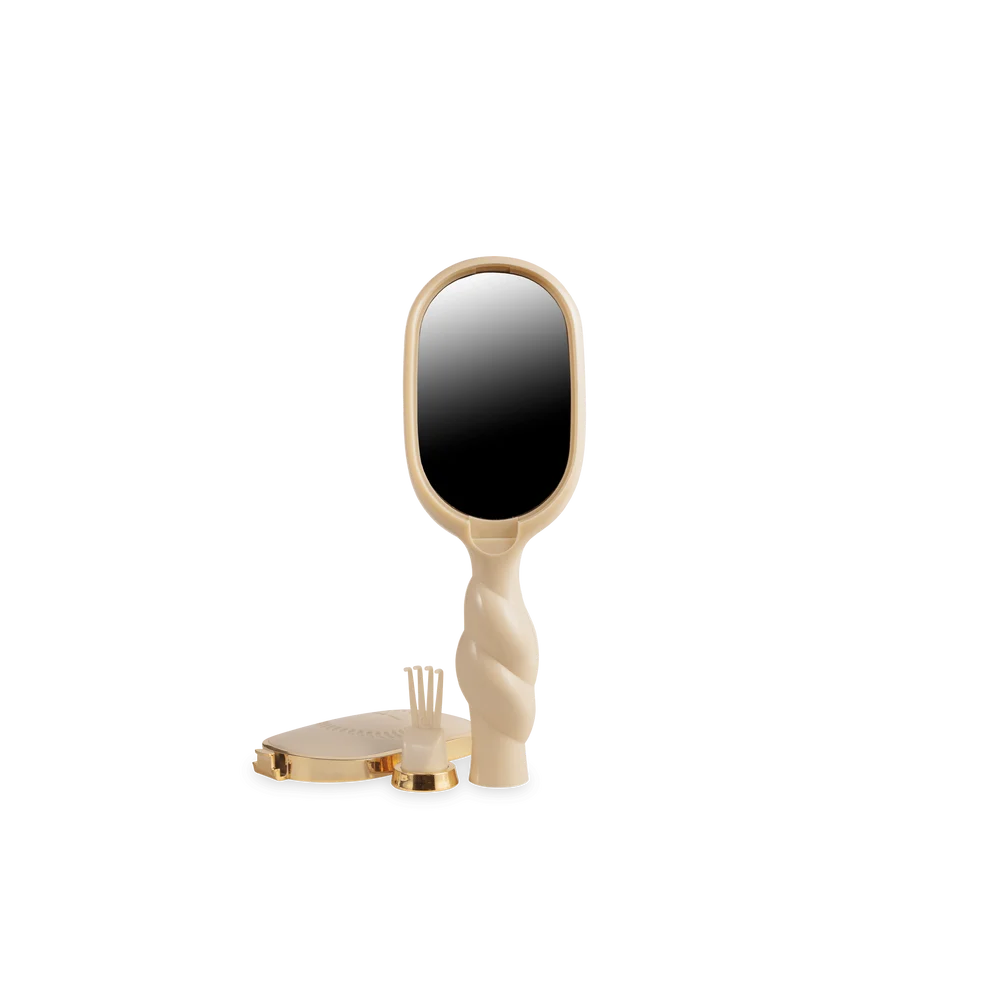 TELETIES Mini Boar Bristle Hair Brush in Tan with built-in mirror and removable cleaner