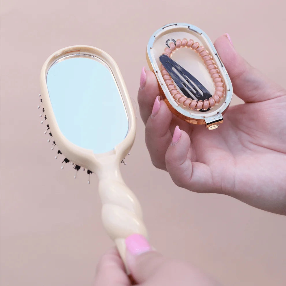 TELETIES Mini Boar Bristle Hair Brush with mirror and hidden storage for hair ties and clips