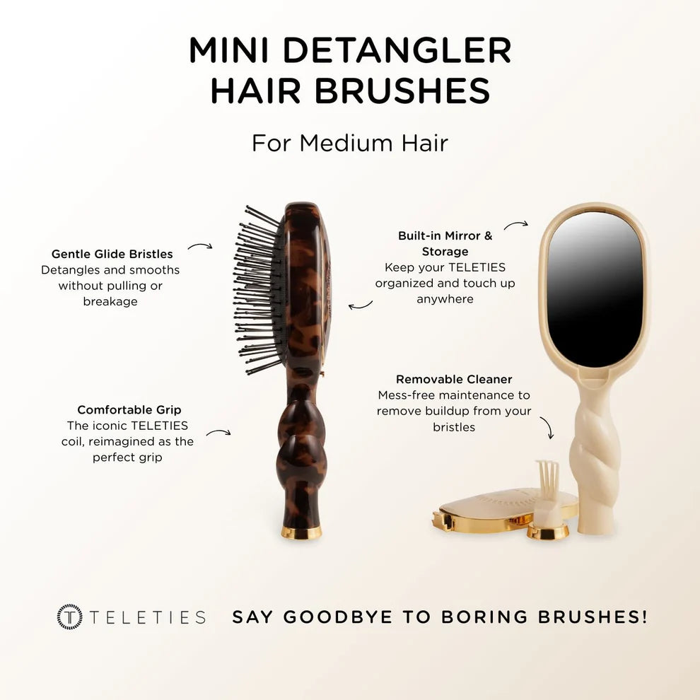 TELETIES Mini Detangler Hair Brush features for medium hair with mirror and removable cleaner