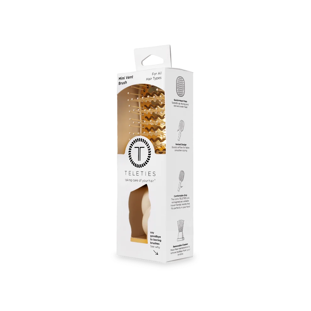 TELETIES Mini Vented Hair Brush in Tan retail packaging for all hair types
