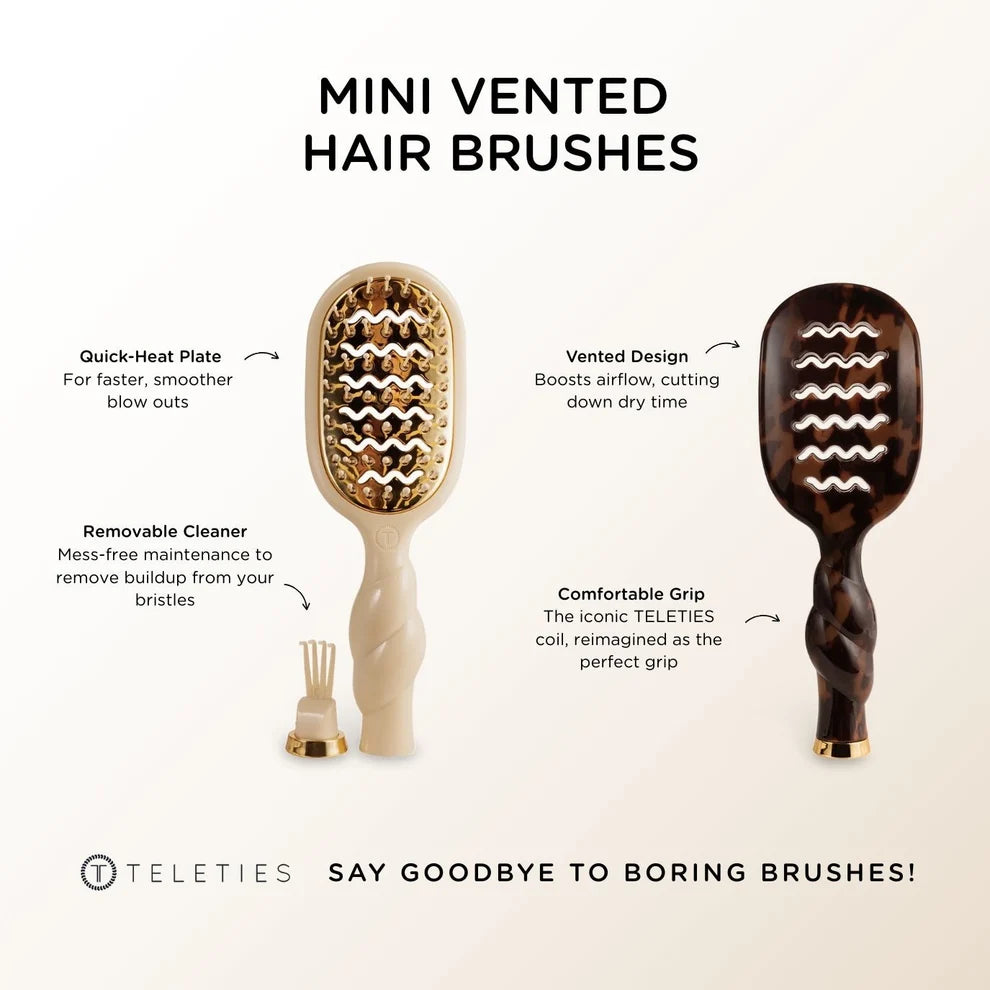 TELETIES Mini Vented Hair Brush features quick-heat plate vented design comfortable grip and removable cleaner