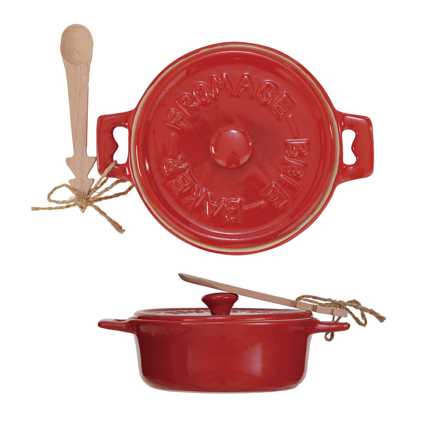 Red Stoneware Brie Baker w/ Lid & Spoon