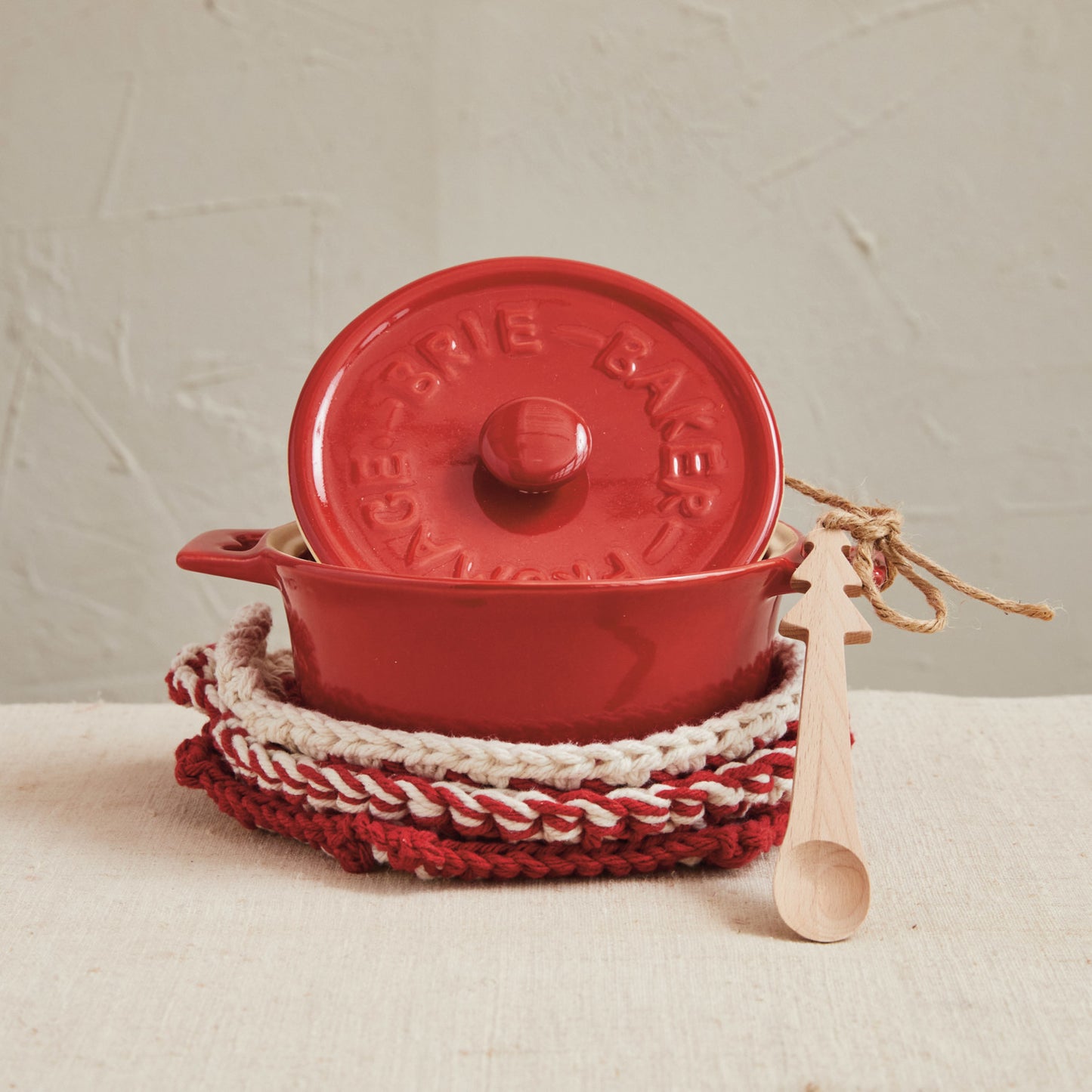 Red Stoneware Brie Baker w/ Lid & Spoon