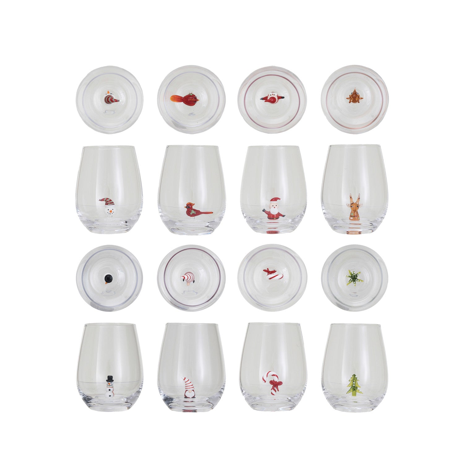 Eight Christmas stemless wine glass styles with colorful miniature holiday figures inside