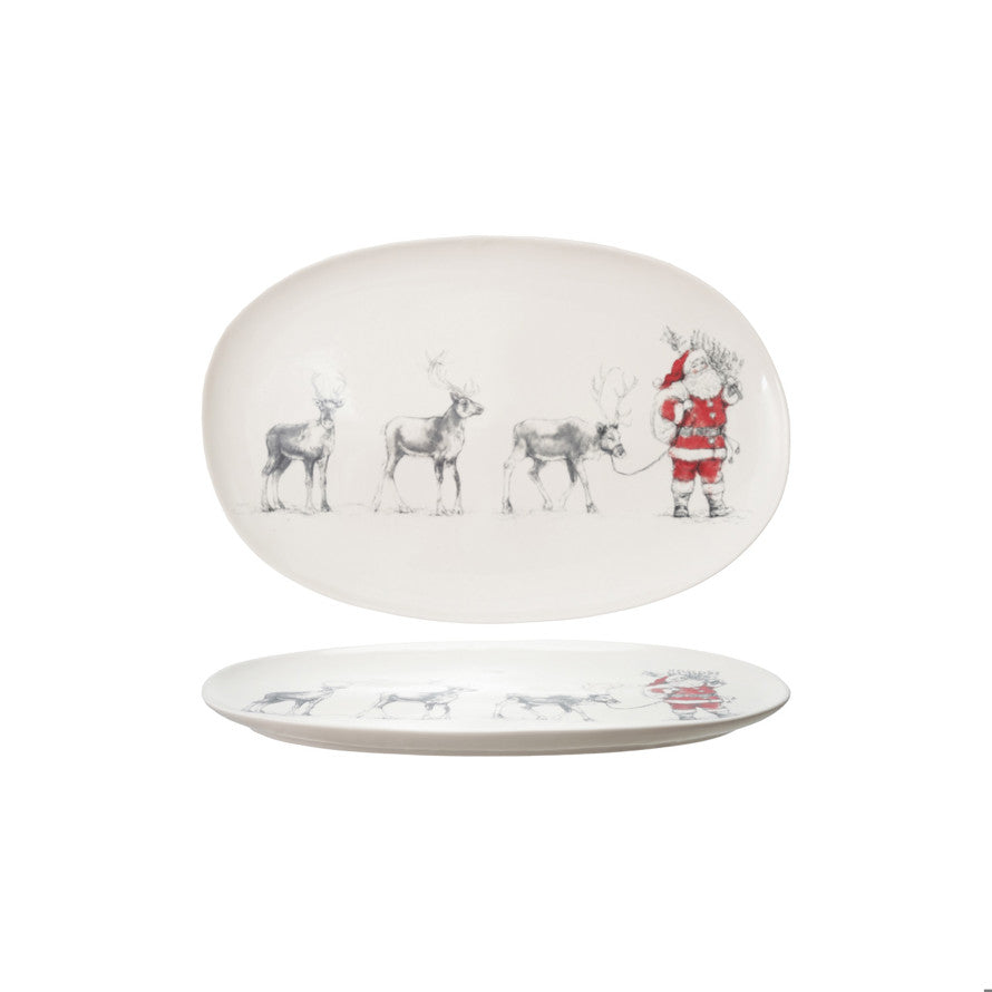 Vintage Santa and reindeer Christmas oval serving platter with black and white reindeer illustration and red Santa