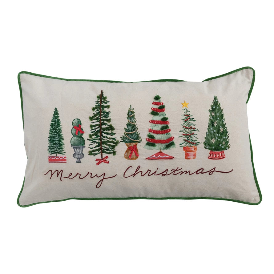 Lumbar Pillow with Piping, Embroidery & Trees "Merry Christmas