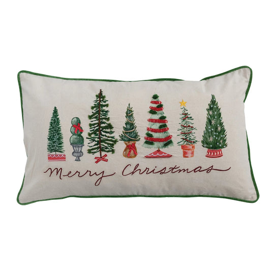 Lumbar Pillow with Piping, Embroidery & Trees "Merry Christmas