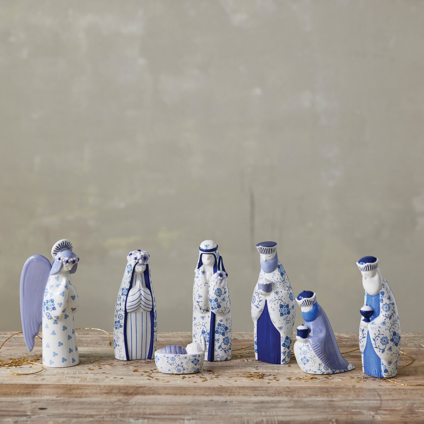 Blue and white floral ceramic Nativity set with Mary Joseph Baby Jesus angel and three Wise Men
