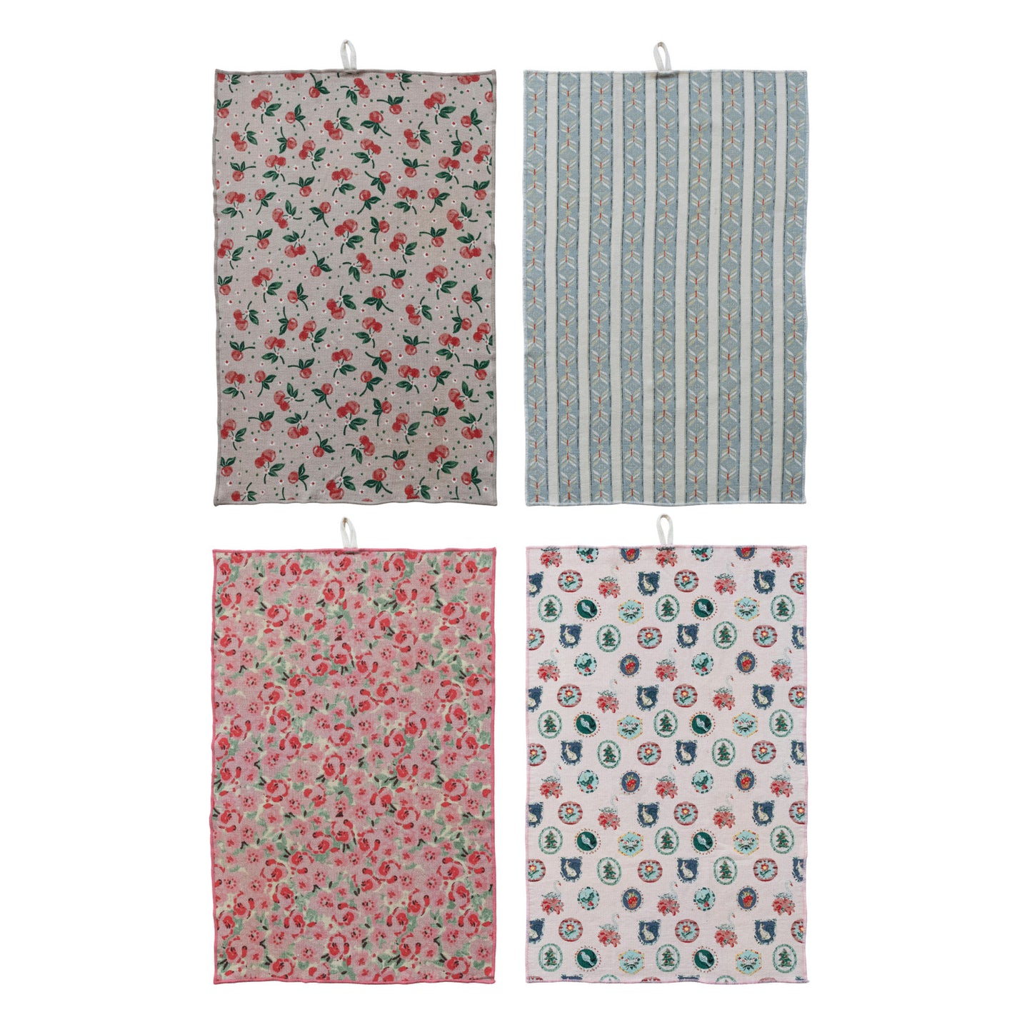 Vintage Christmas cotton terry tea towels in cherry blue stripe floral and holiday cameo patterns