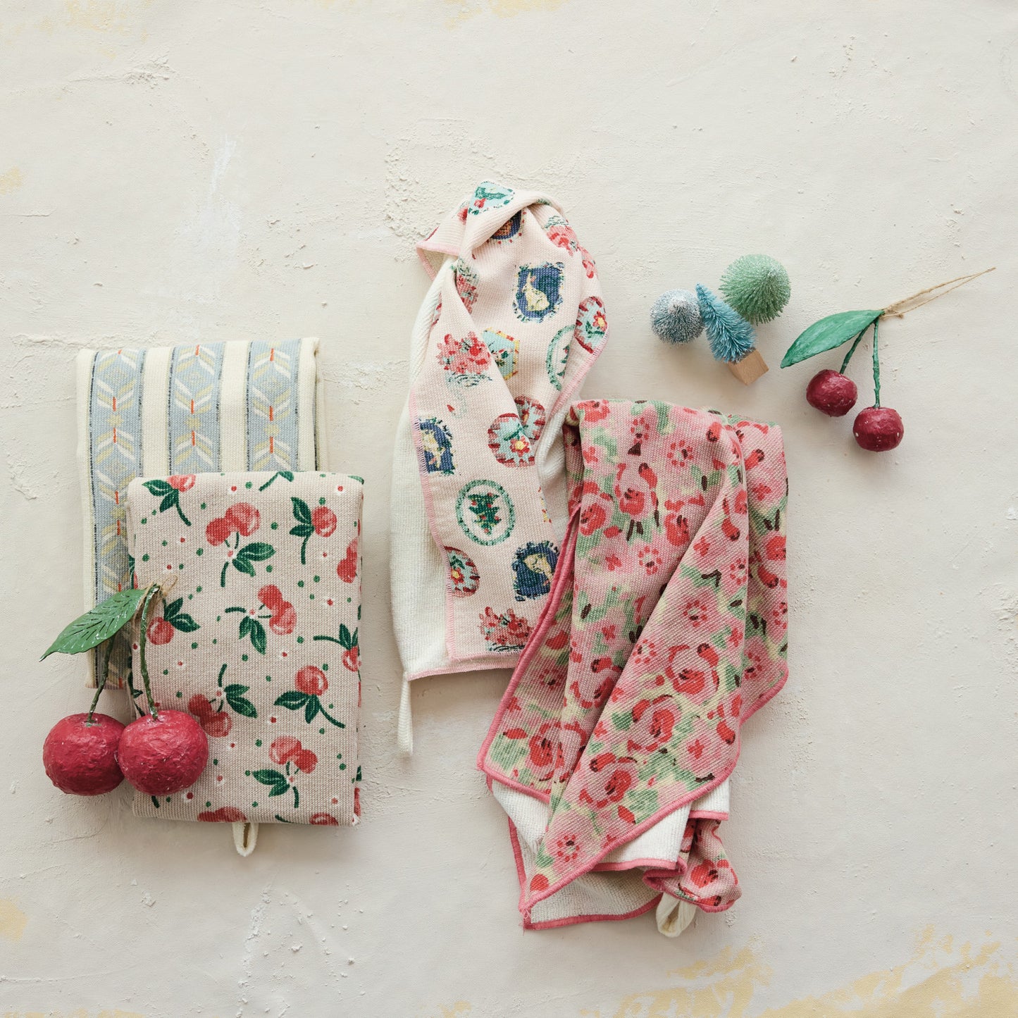 Vintage Christmas cotton kitchen tea towels with cherry floral stripe and holiday patterns